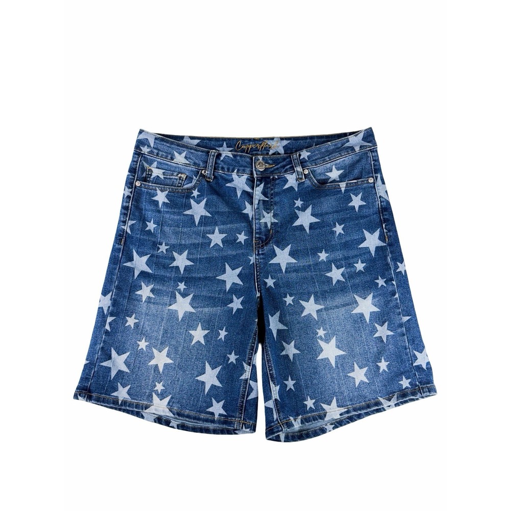 Copperflash Star Print Denim Shorts Womens 14W Patriotic USA Stars Americana